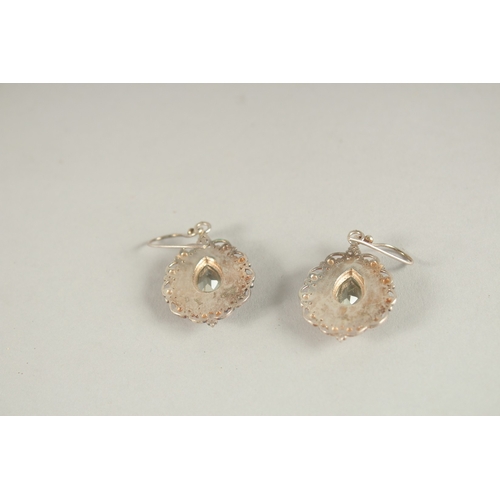 1067 - A PAIR OF SILVER AND AQUAMARINE EARRINGS.