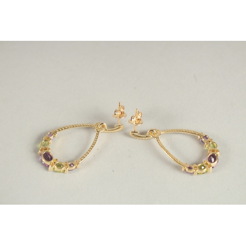 1072 - A PAIR OF 18CT YELLOW GOLD, DIAMOND, PERIDOT AND AMETHYST HOOP EARRINGS.