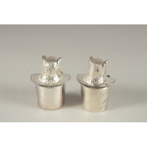 1132 - A PAIR OF PLATED CATS IN A HAT SALT AND PEPPERS.