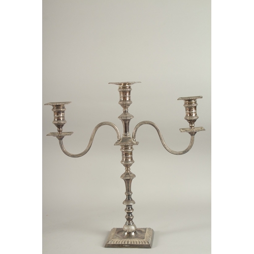 1152 - A GOOD PAIR OF SILVER TWO BRANCH CANDLESTICKS on square loaded bases. 14ins high. Sheffield 1922.... 