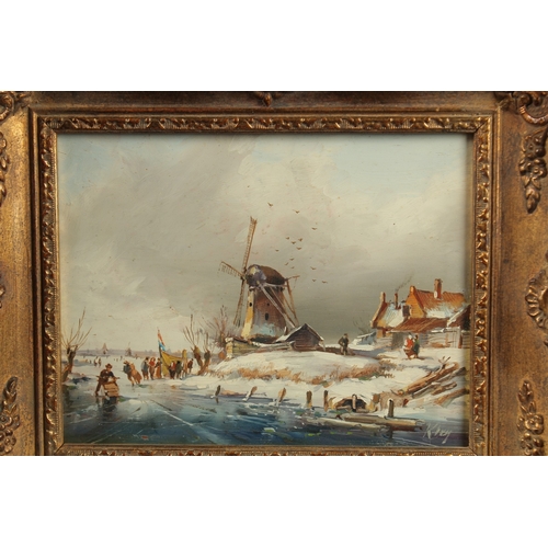 1201 - DUTCH SCHOOL - KLEIN. Winter landscape with windmill. Signed. Copper panel.  5.5