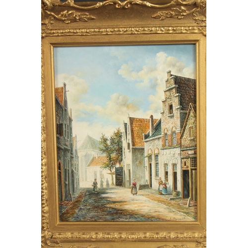 1204 - L. DUMONT. Dutch street scene with figures. Signed.  Oil on panel.  10