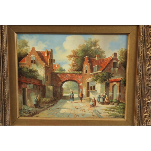 1205 - ROBERTO. Dutch street scene with archway and figures. Signed. Oil on panel. 8