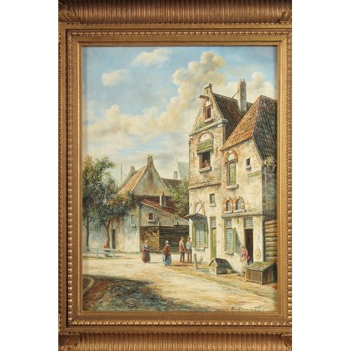 1208 - L. DUMONT. Dutch street scene with figures. Signed. Oil on panel. 16