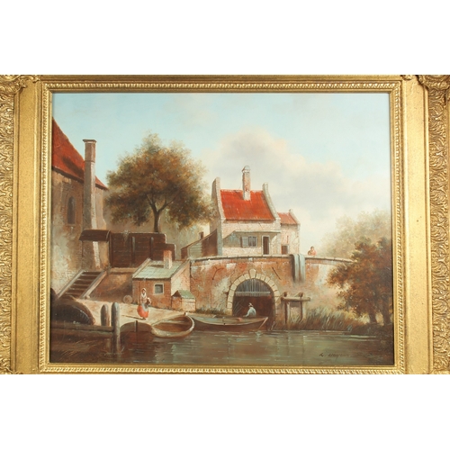 1211 - L. CLAYTON. Dutch river scene with buildings, boats and figures. Signed. Oil on panel. 16