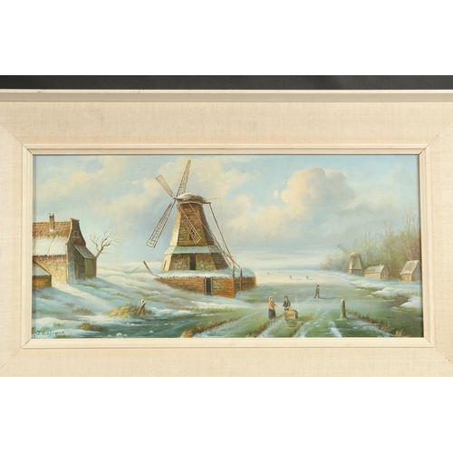 1213 - J. LEFRANC. Dutch winter landscape with windmill and figures. Signed. Oil on board. 10