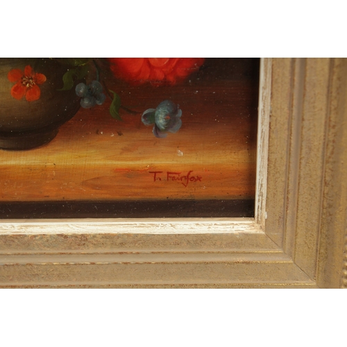 1214 - T. FAIRFAX. Dutch still life, bowl of flowers on a ledge. Signed. Oil on board. 10