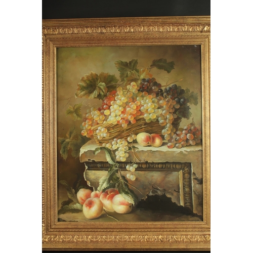 1218 - W. COOPER. Fruit, grapes and peaches with vine leaves and basket. Signed. Oil on panel. 24