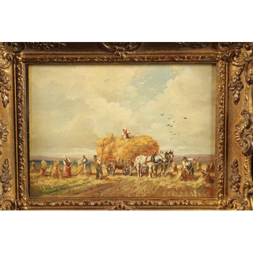 1220 - KLEIN. A small pair of harvesting scenes with horse drawn hay carts. Signed. Oil on copper panel. 4.... 