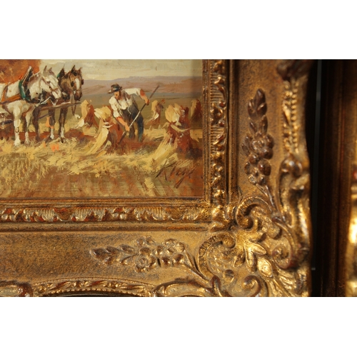 1220 - KLEIN. A small pair of harvesting scenes with horse drawn hay carts. Signed. Oil on copper panel. 4.... 