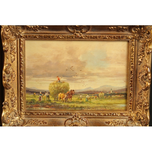 1220 - KLEIN. A small pair of harvesting scenes with horse drawn hay carts. Signed. Oil on copper panel. 4.... 