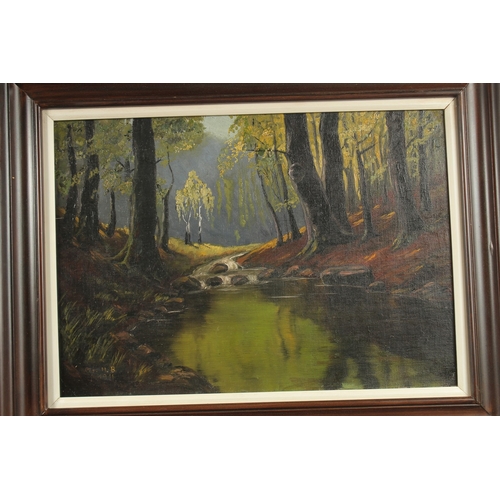 1228 - M. B. 1911. A rocky stream through the trees. Monogrammed and dated 1911. Oil on board. 13.5