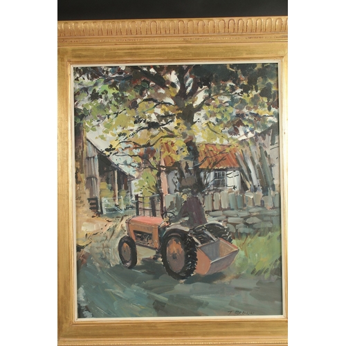 1233 - T. BROWN. Tractor and driver in a farmyard. Signed. Oil on board. 21