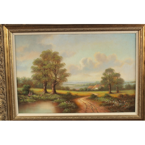 1234 - DAVID RONDEO. English landscape with pond and lane leading to a cottage. Signed. Oil on canvas. 16