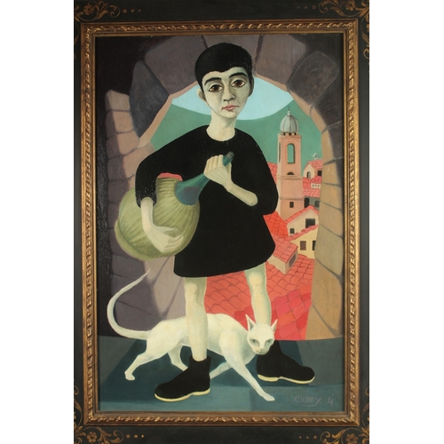 1235 - E. M. Gilbey, Circa 1954, figure holding a carafe of wine standing by a cat in an archway with a Con... 