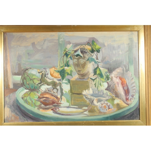 1237 - Phyllis Bray (1911-1991), a still life study featuring a classical bust and seashells, oil on canvas... 