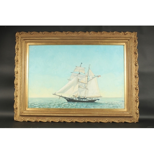 1243 - Michael Wood (20th Century), 'The Black Pearl', a yacht with sails unfurled in open seas, oil on can... 