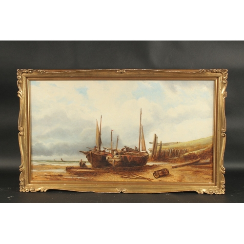 1245 - Attributed to Ralph Reuben Stubbs, fishermen maintaining their boats, oil on canvas, 13.5