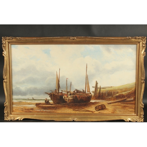 1245 - Attributed to Ralph Reuben Stubbs, fishermen maintaining their boats, oil on canvas, 13.5