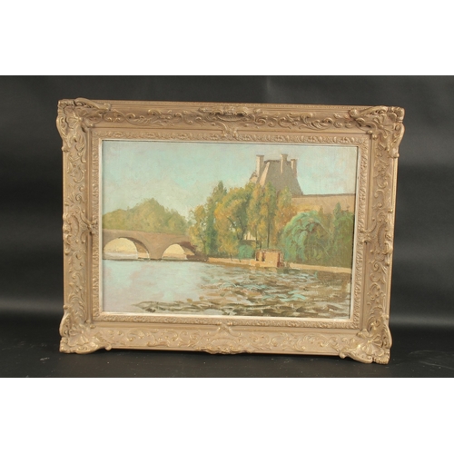 1246 - 20TH CENTURY ENGLISH SCHOOL. River scene with double arched bridge. Oil on canvas. 14