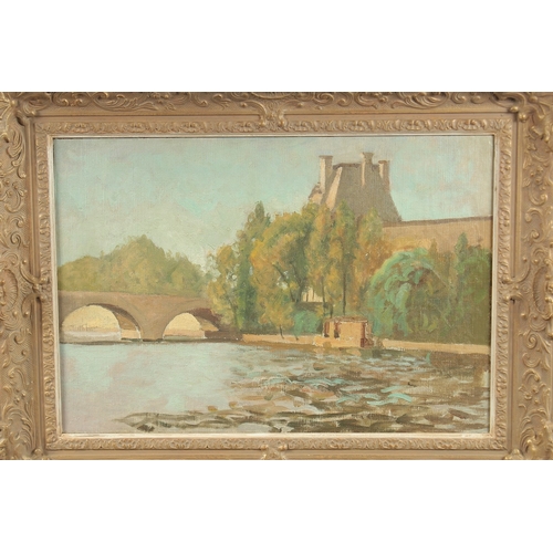 1246 - 20TH CENTURY ENGLISH SCHOOL. River scene with double arched bridge. Oil on canvas. 14