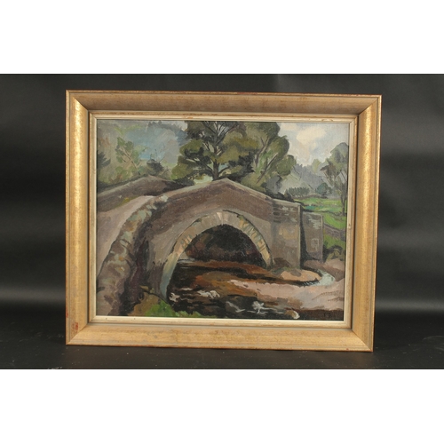 1247 - 20TH CENTURY ENGLISH SCHOOL. Wooded river scene with arched stone bridge. Oil on canvas. 15