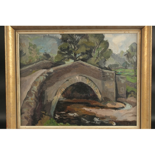 1247 - 20TH CENTURY ENGLISH SCHOOL. Wooded river scene with arched stone bridge. Oil on canvas. 15