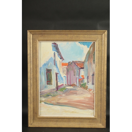 1248 - 20TH CENTURY. Village street scene with buildings. Oil on board. 16