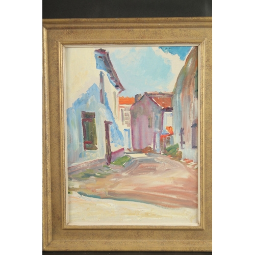 1248 - 20TH CENTURY. Village street scene with buildings. Oil on board. 16