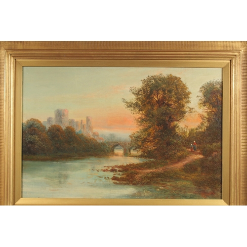 1249 - 19TH CENTURY ENGLISH SCHOOL. River landscape with double arched bridge and ruined castle. Oil on can... 