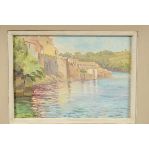 1254 - GLADYS DENHAM JONES. River scene, buildings to the waters edge. Oil on board. 9.5