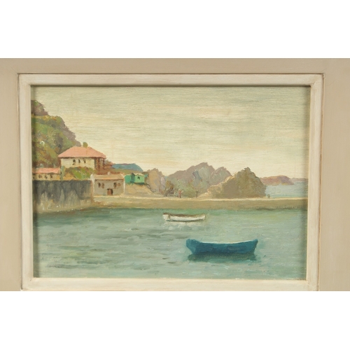 1255 - GLADYS DENHAM JONES. Harbour scene with two boats. Oil on board. 9.5