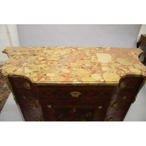 505 - A SUPERB 18TH CENTURY FRENCH MARBLE TOP KINGWOOD COMMODE, stamped SORMANI, PARIS, the shaped front w... 