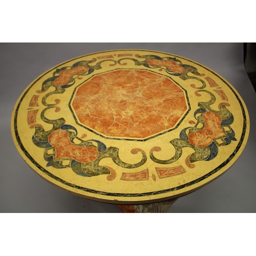 507 - A GOOD REGENCY DESIGN FAUX MARBLE TOP CENTRE TABLE, decorated in coloured marbles, on three curving ... 