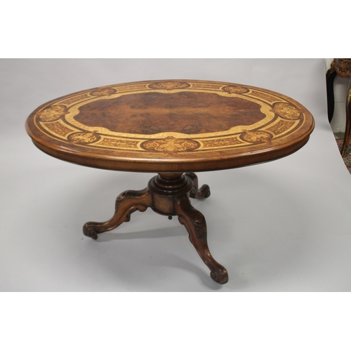 509 - A GOOD VICTORIAN INLAID OVAL LOO TABLE, good inlaid top, centre turned pillar ending in tripod curvi... 