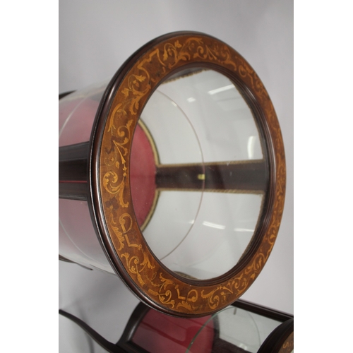 519 - A GOOD PAIR OF VICTORIAN INLAID MAHOGANY CIRCULAR BIJOUTERIE DISPLAY CABINETS with glass top and sid... 