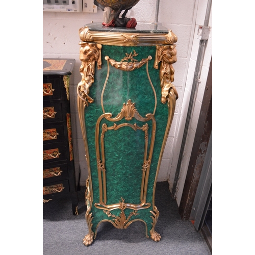 523 - A LARGE AND IMPRESSIVE PAIR OF FAUX MALACHITE, MARBLE AND ORMOLU PEDESTALS. 140cm high x 50cm wide.... 