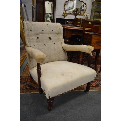 528 - TROLLOP & SONS, A VICTORIAN MAHOGANY FRAMED ARMCHAIR, stamped to the back leg (for upholstery).