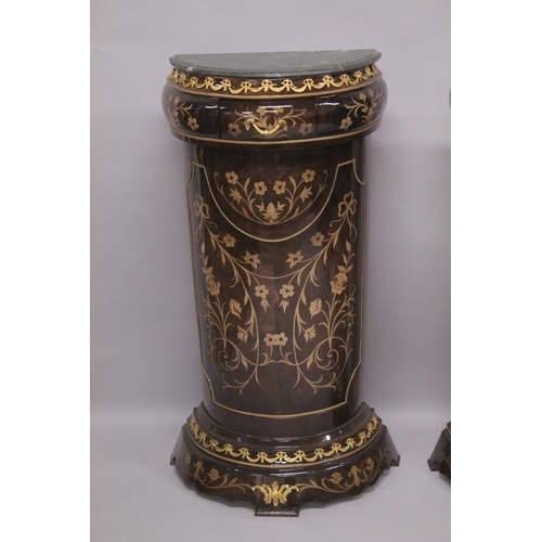 537 - A PAIR OF MARBLE TOP HALF-MOON SHAPED INLAID COLUMNS with single drawer, one inlaid with flowers. 44... 