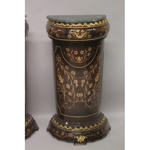 537 - A PAIR OF MARBLE TOP HALF-MOON SHAPED INLAID COLUMNS with single drawer, one inlaid with flowers. 44... 