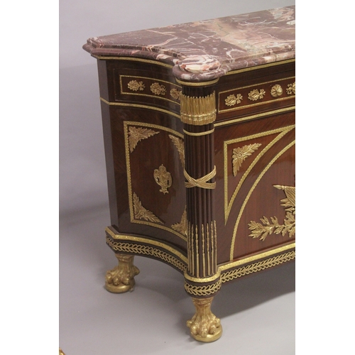 538 - A GOOD LARGE LOUIS XVTH BRONZE MOUNTED COMMODE with marble top, two small drawers, a pair of panel d... 