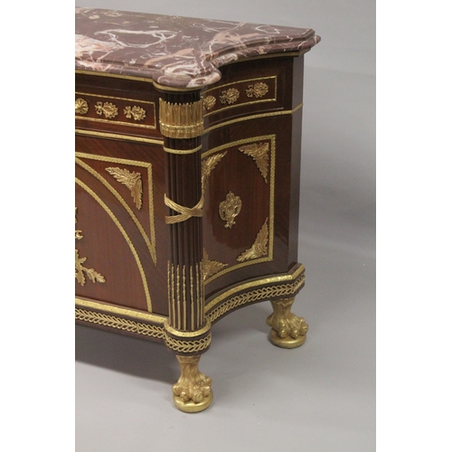 538 - A GOOD LARGE LOUIS XVTH BRONZE MOUNTED COMMODE with marble top, two small drawers, a pair of panel d... 