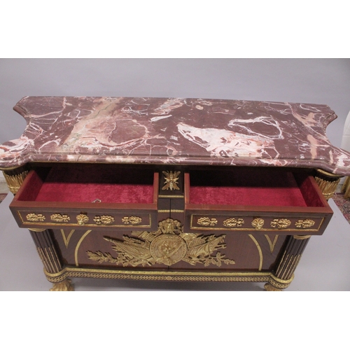 538 - A GOOD LARGE LOUIS XVTH BRONZE MOUNTED COMMODE with marble top, two small drawers, a pair of panel d... 