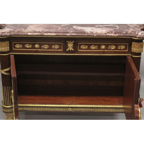 538 - A GOOD LARGE LOUIS XVTH BRONZE MOUNTED COMMODE with marble top, two small drawers, a pair of panel d... 