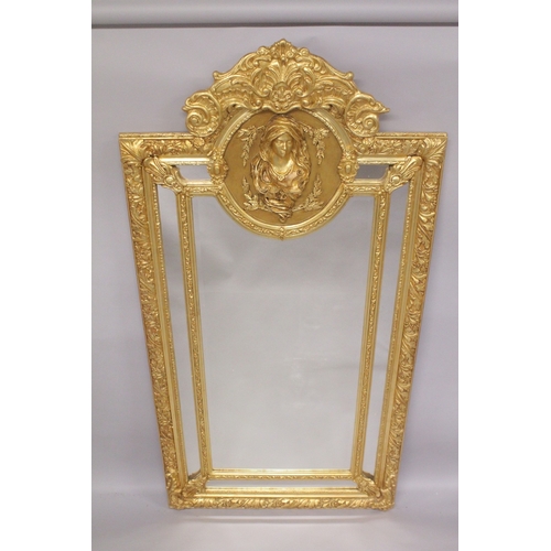 543 - A VERY GOOD LARGE LOUIS XVITH STYLE GILTWOOD MIRROR. 84ins high x 41ins wide.