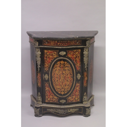 545 - A BOULLE INLAID CUPBOARD of serpentine shape, with single drawer and marble legs. 39ins high x 34ins... 