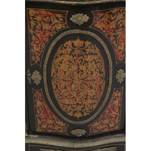 545 - A BOULLE INLAID CUPBOARD of serpentine shape, with single drawer and marble legs. 39ins high x 34ins... 