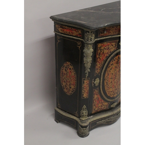 545 - A BOULLE INLAID CUPBOARD of serpentine shape, with single drawer and marble legs. 39ins high x 34ins... 