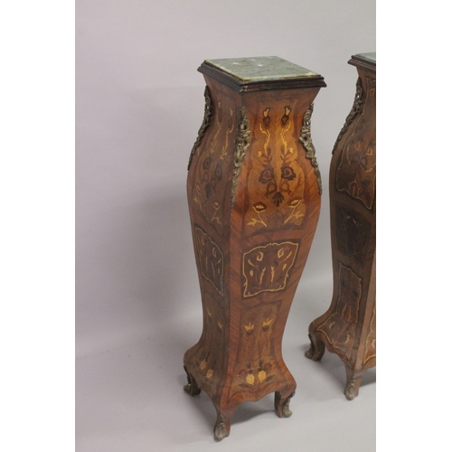 546 - A PAIR OF INLAID PEDESTALS with square marble tops. 44ins high.