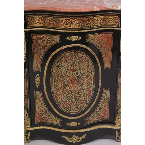 551 - A GOOD MARBLE TOP BOULLE SERPENTINE FRONTED CUPBOARD with large oval Boulle panel and gilt mounts. 4... 